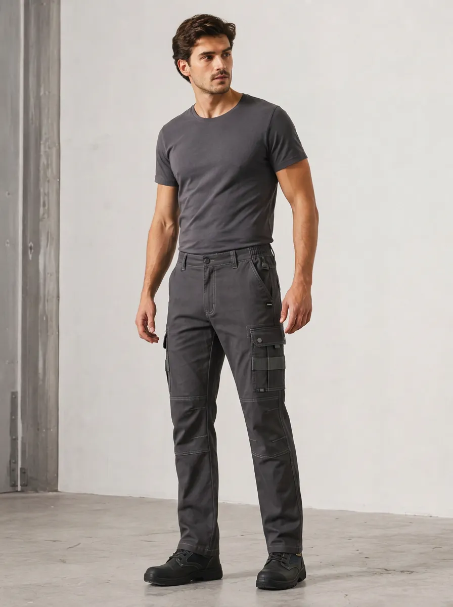Men's Charcoal Grey Utility Cargo Pants with Contrast Stitch Detail