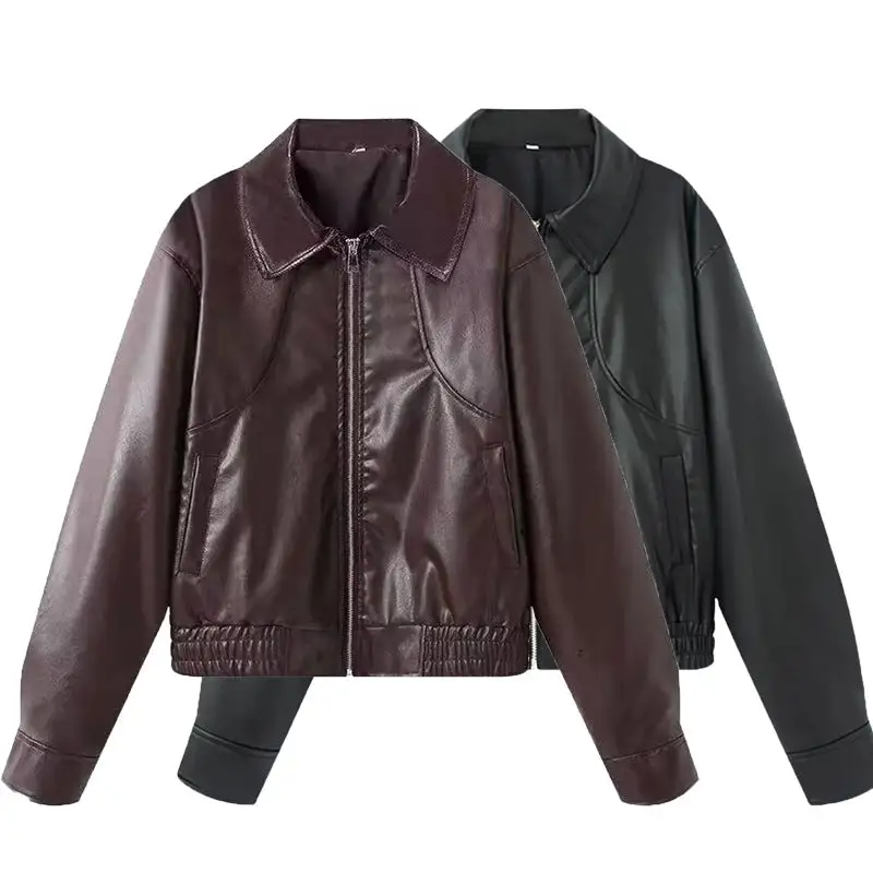 Oversized Faux Leather Shirt Collar Elastic Hem Bomber Jacket
