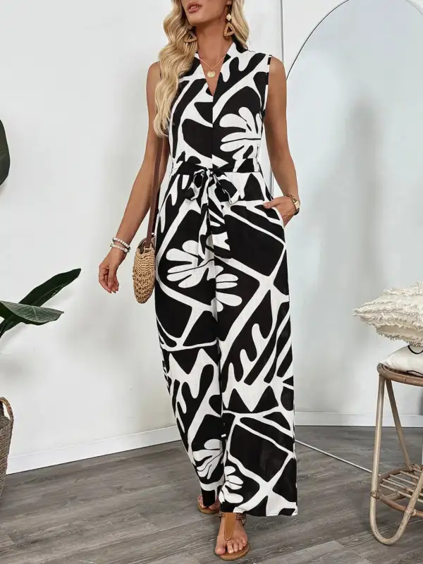 Printed Sleeveless Wide Leg Jumpsuit