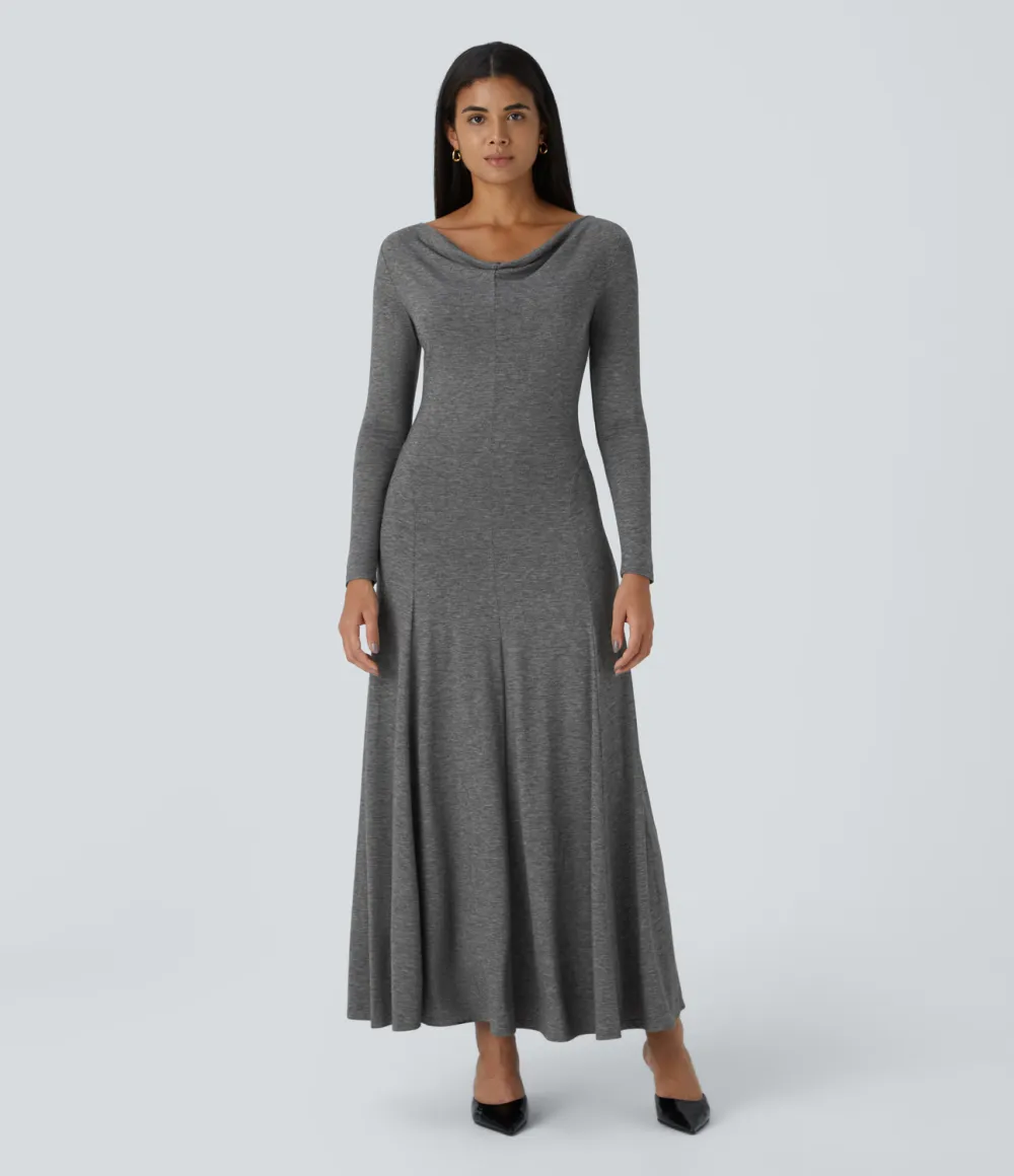 Cowl Neck Long Sleeve Flowy Flare Maxi Casual Dress
