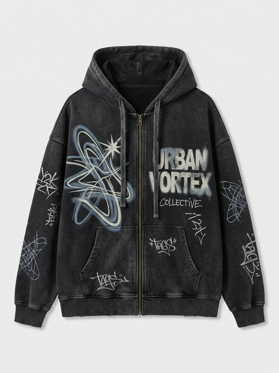 Unisex Streetwear Urban Vortex Graffiti Printed Zip-up Hoodie