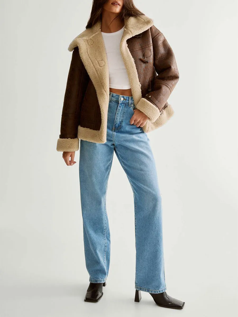 Brown Leather Shearling Lined Button Coat