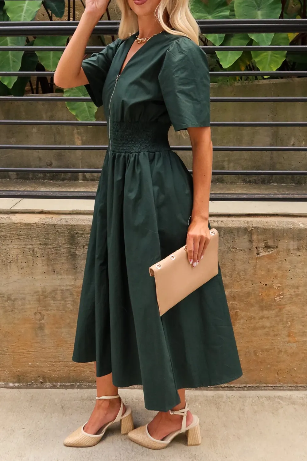 V-Neck Short Sleeve Midi Dress