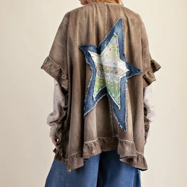 Classic Open Front Chambray Star Patch Ruffle Detail Cardigan
