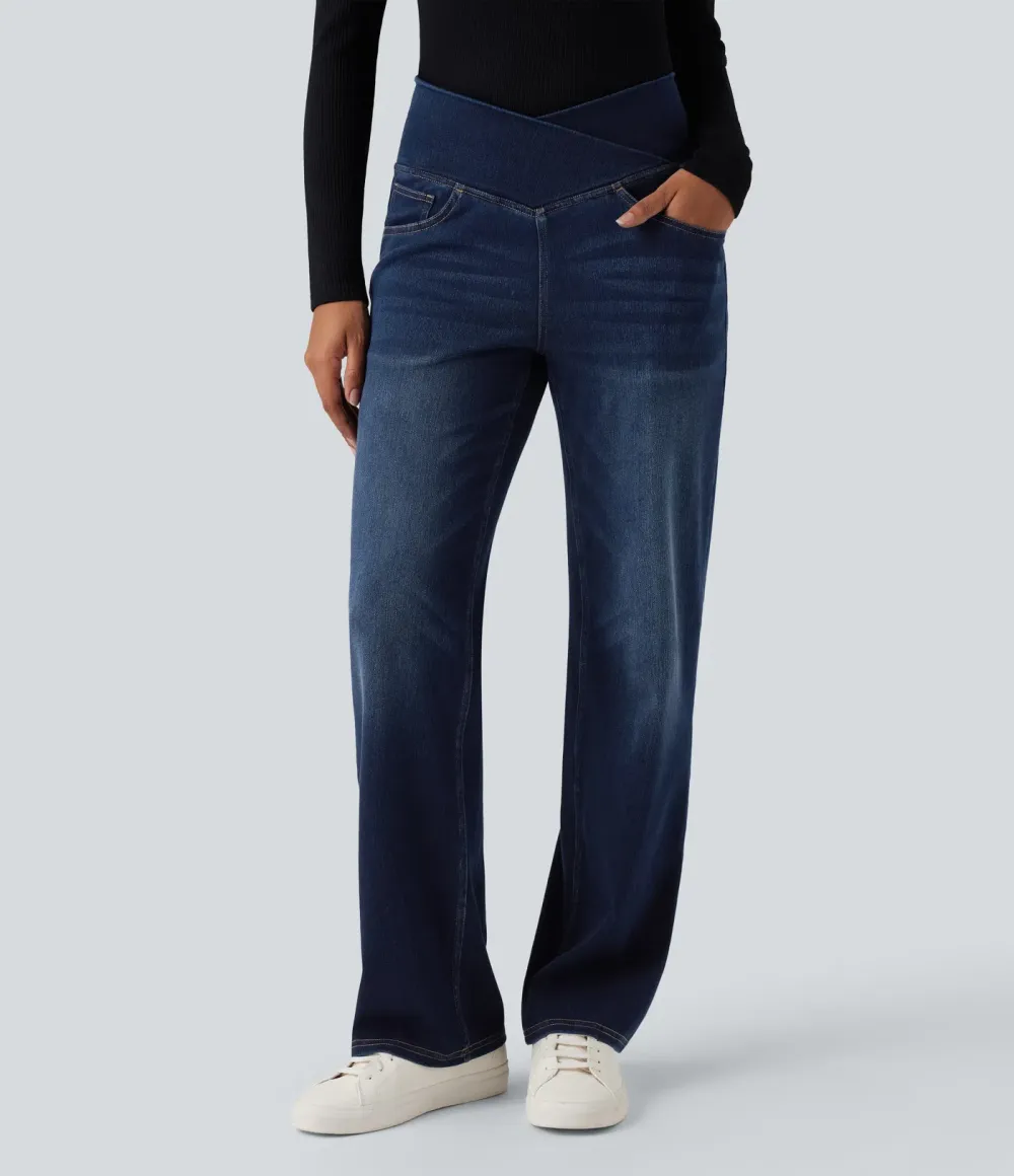 High-waisted, relaxed, crossover straight-leg jeans with  pockets