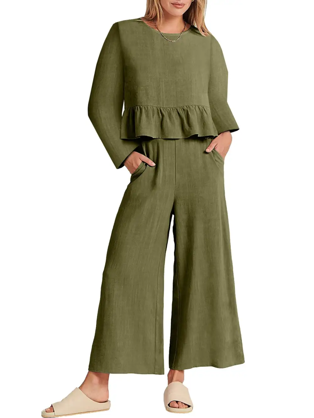 Ruffled Hem Long Sleeve Top and Pants Set