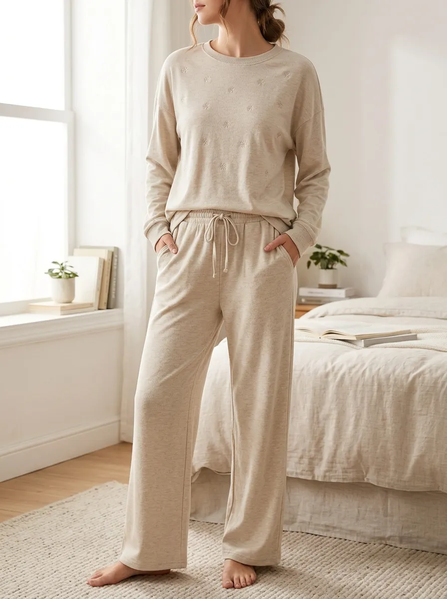Women's Casual Floral Embroidered Long Sleeve Lounge Set