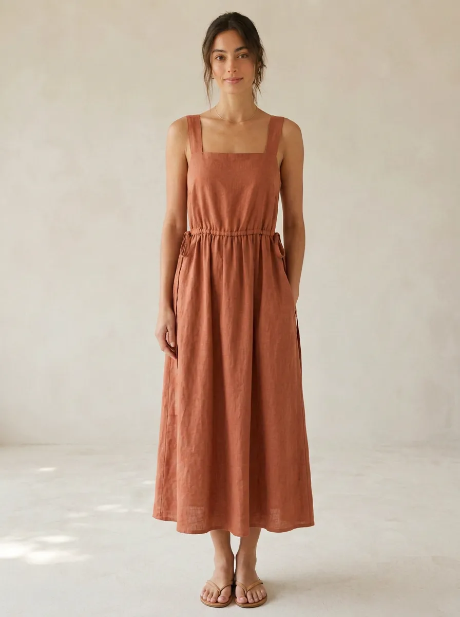 Women's Flowing-Line Casual Linen Midi Backless Dress