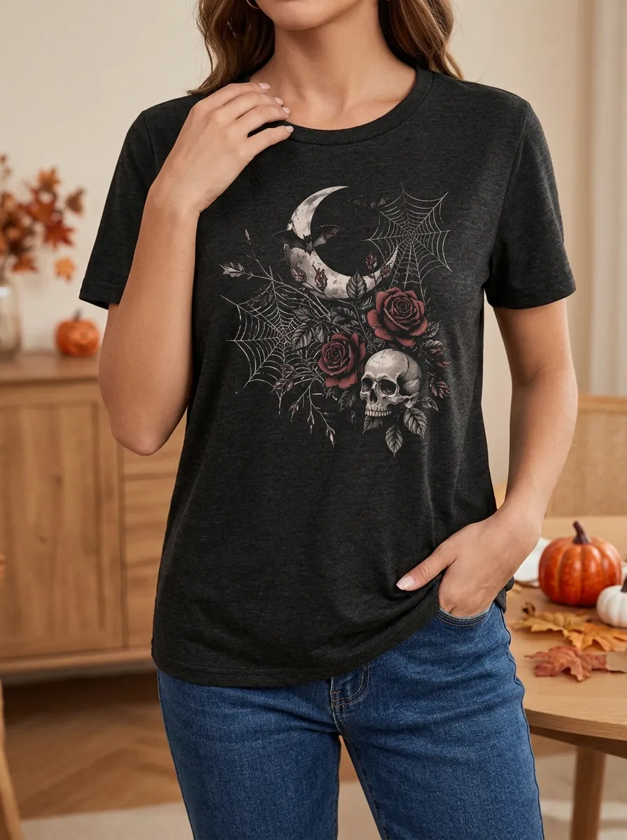 Women's Halloween Gothic Skull Rose Moon Spiderweb Short Sleeve Graphic T-Shirt