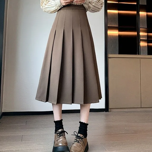 Streamlined A-Line High Waist Pleated Midi Skirt