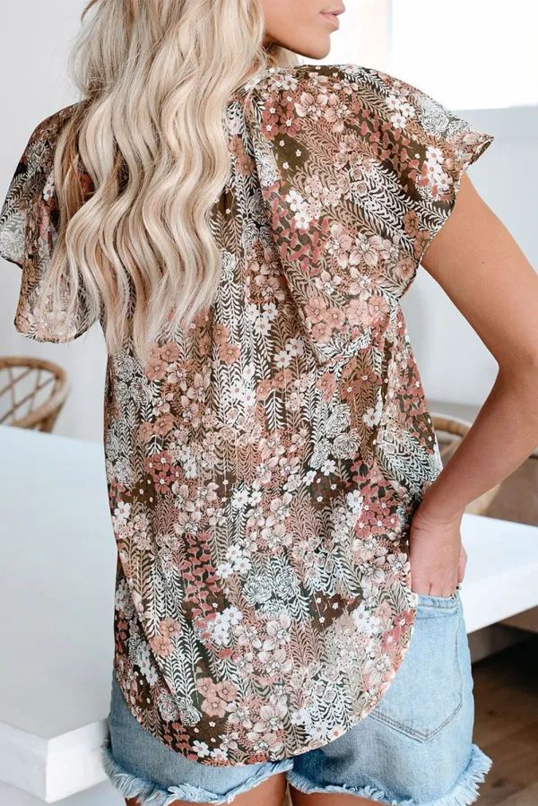 Khaki V Neck Short Sleeve Blouse