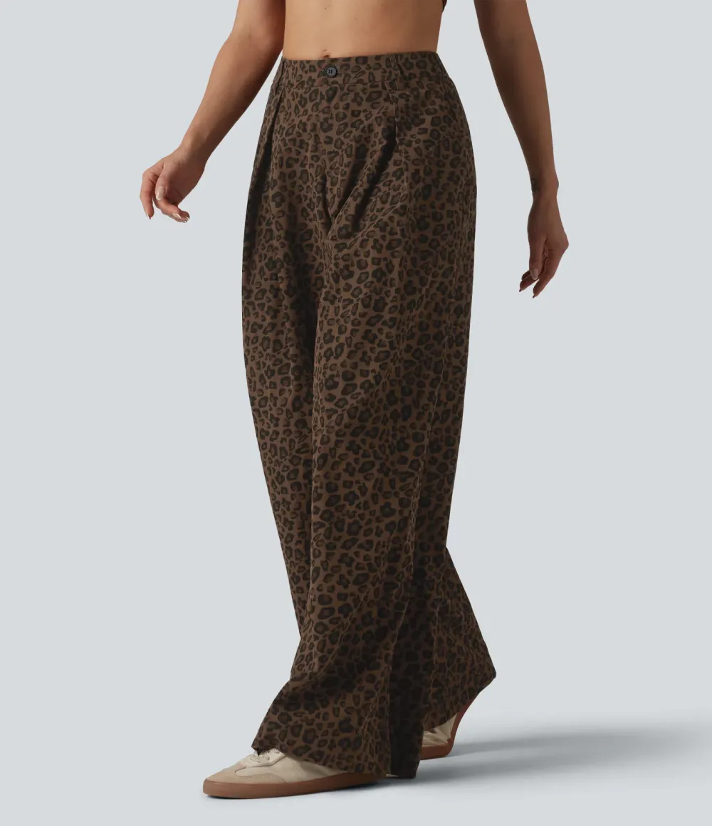 Pantalon large décontracté imprimé léopard taille mi-haute avec poches