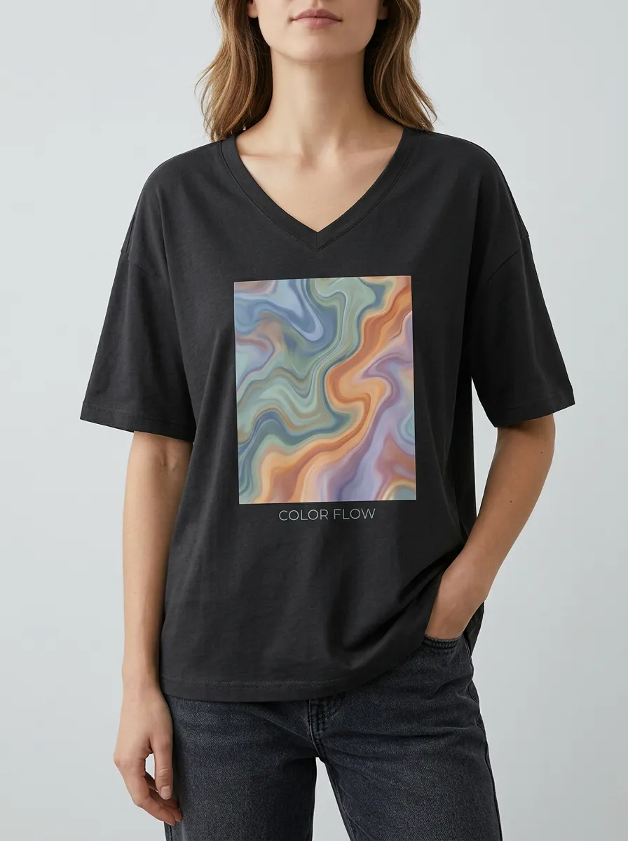 Women's Abstract Art Color Flow Marble Printed V-Neck T-Shirt Everyday Design