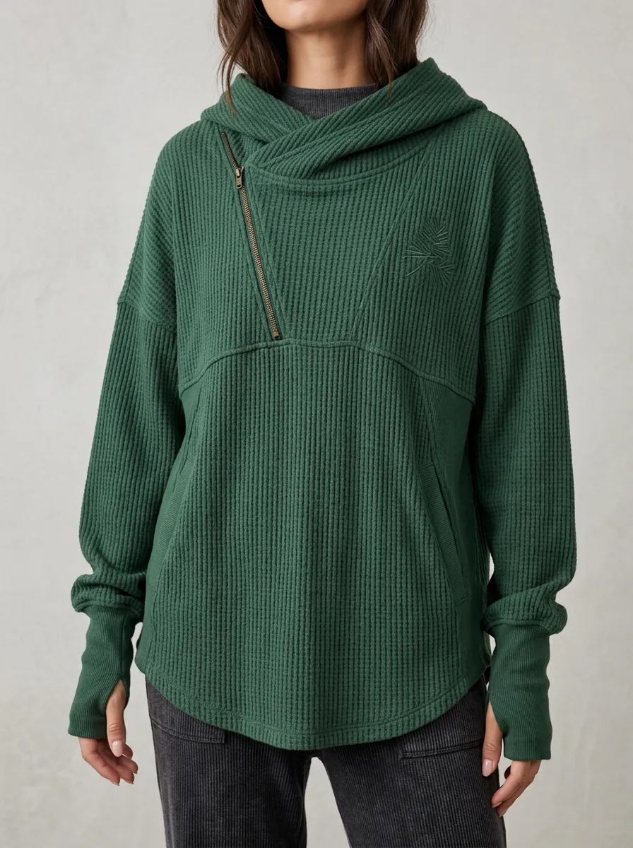 Modern Weekend Waffle Knit Asymmetric Zip Hooded Top