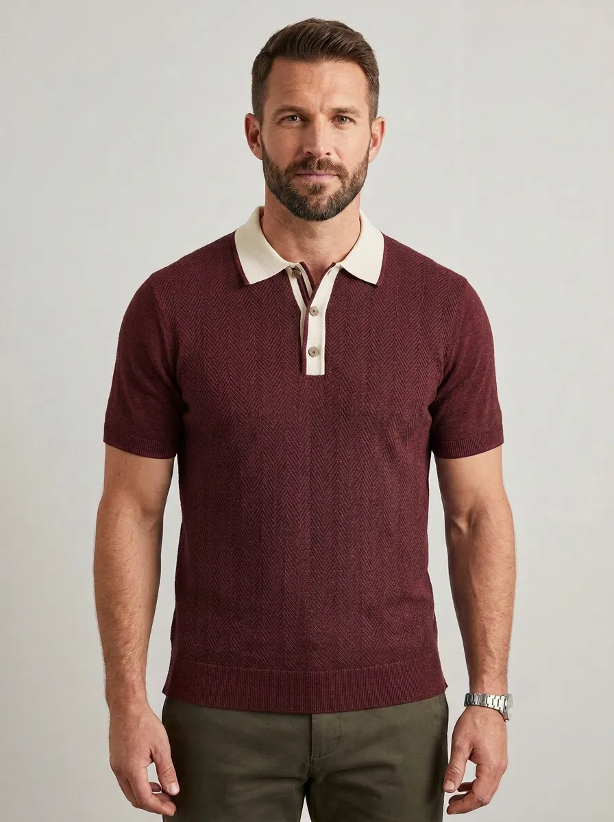 Men's Classic Everyday Herringbone Knit Polo Shirt