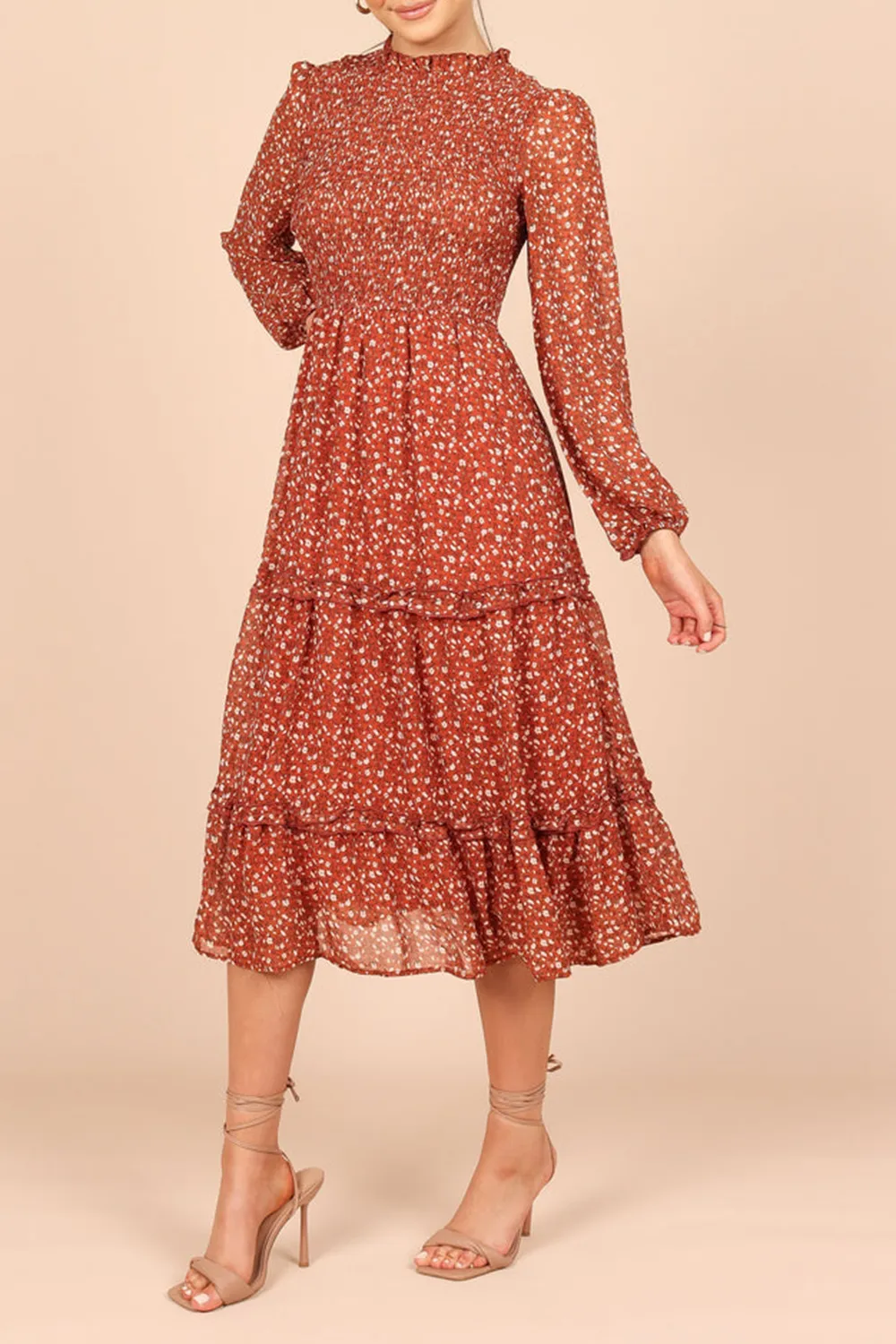 NAVY FLORAL SHIRRED FRILL LONG SLEEVE MIDI DRESS