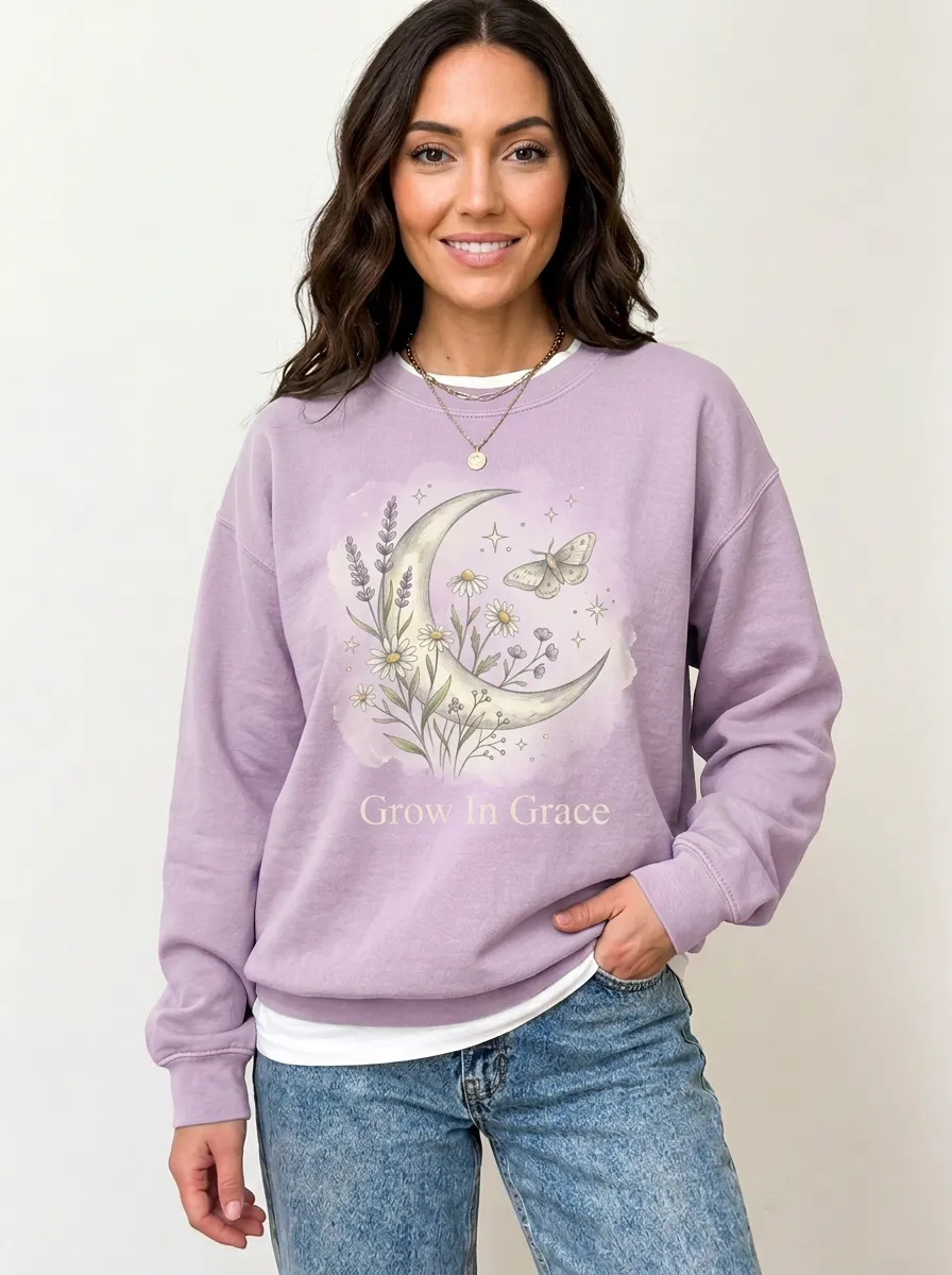 Women's Floral Moon Butterfly Grow In Grace Graphic Sweatshirt