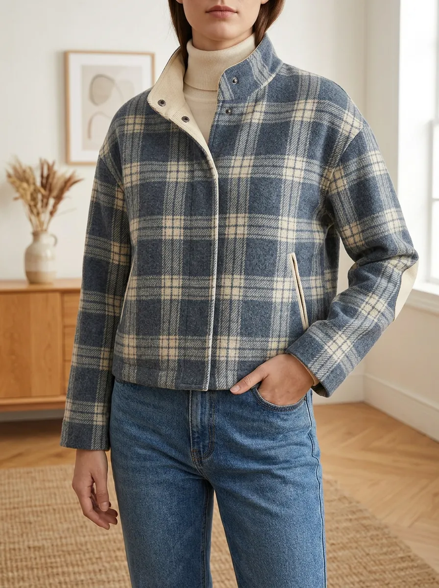 Women's Textured Relaxed Plaid Stand Collar Cropped Jacket