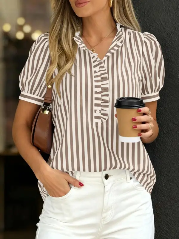 Frill Striped Puff Sleeve Buttoned Ruffled Blouse