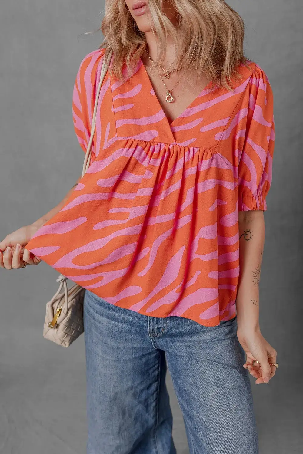 V-Neck Half-Sleeve Zebra-Stripe Blouse