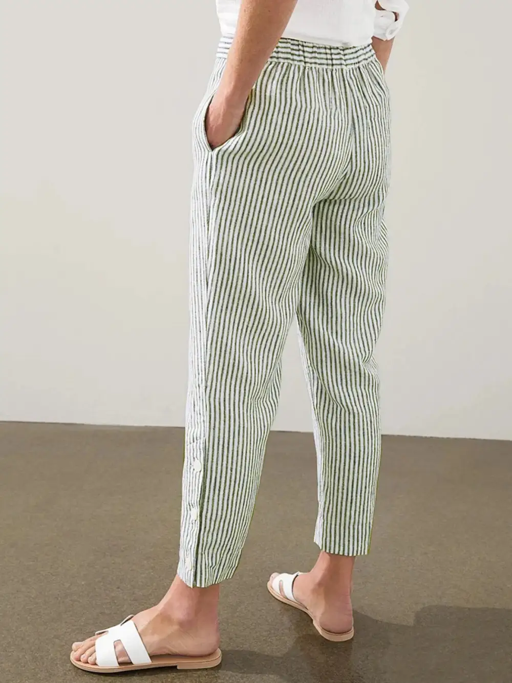 Striped Button Detail Pocketed Casual Pants
