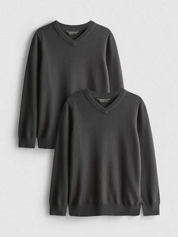 7-15yrs | 2pk Unisex Cotton Rich V-Neck School Jumpers