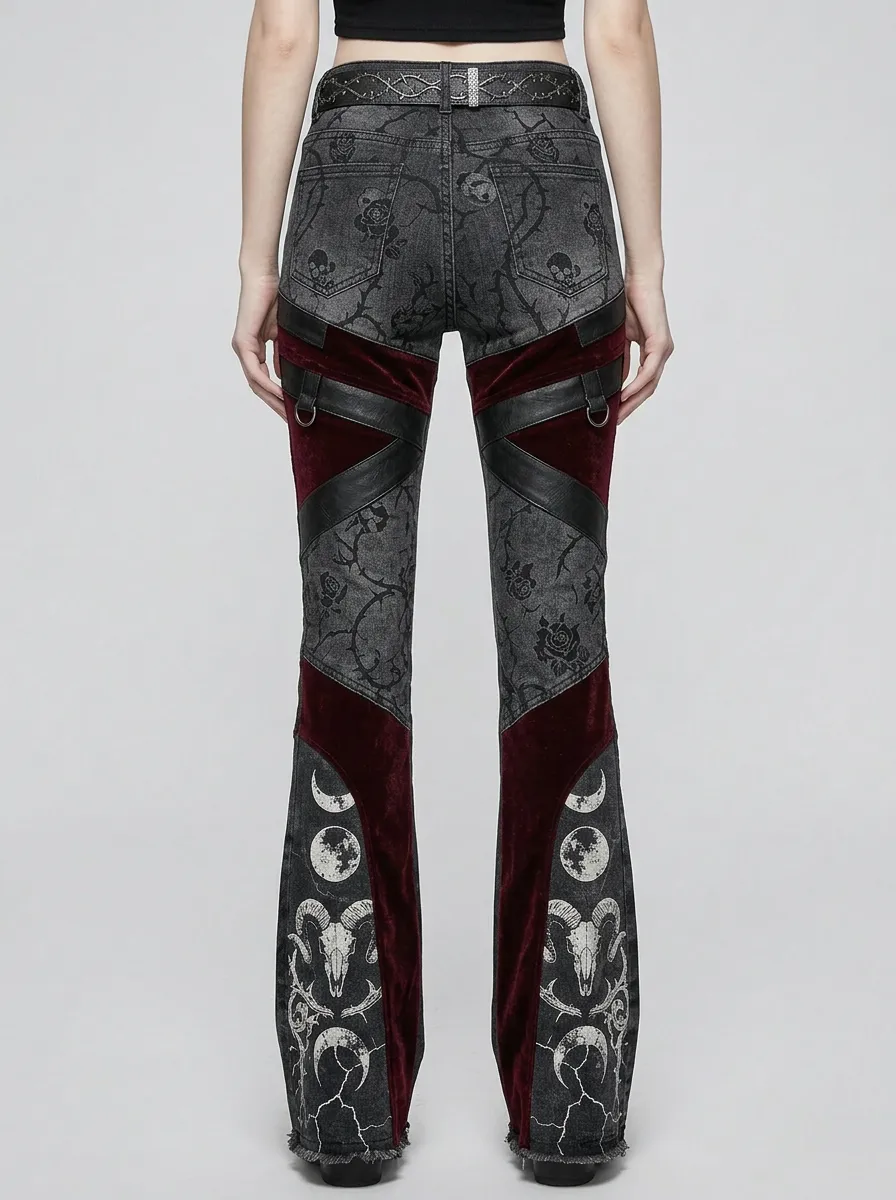 Dark Skull Rose Moon Detail Women's Gothic Flare Pants