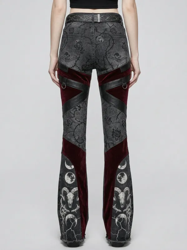 Dark Skull Rose Moon Detail Women's Gothic Flare Pants