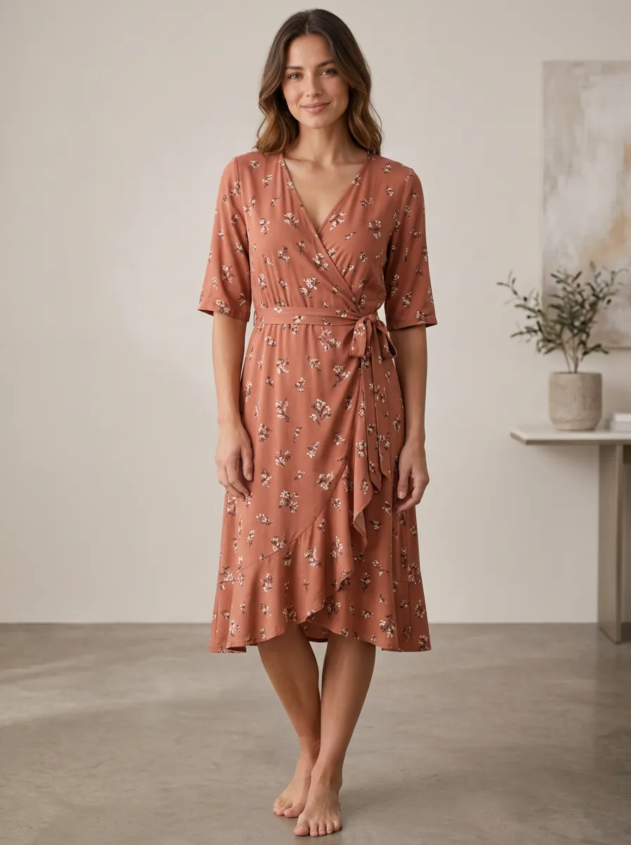 Women's Floral Pattern Rust V-Neck Printed Wrap Dress