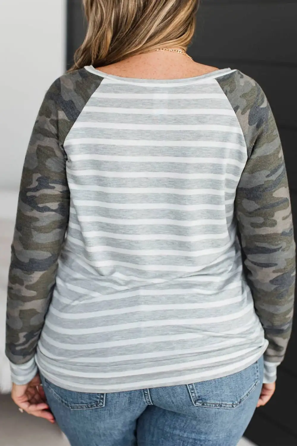 Women's Striped Camouflage Print Colorblock Top