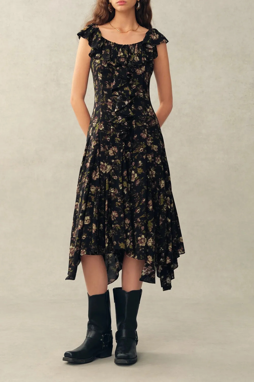 Ruffled Hand-Painted Floral Viscose Midi Dress
