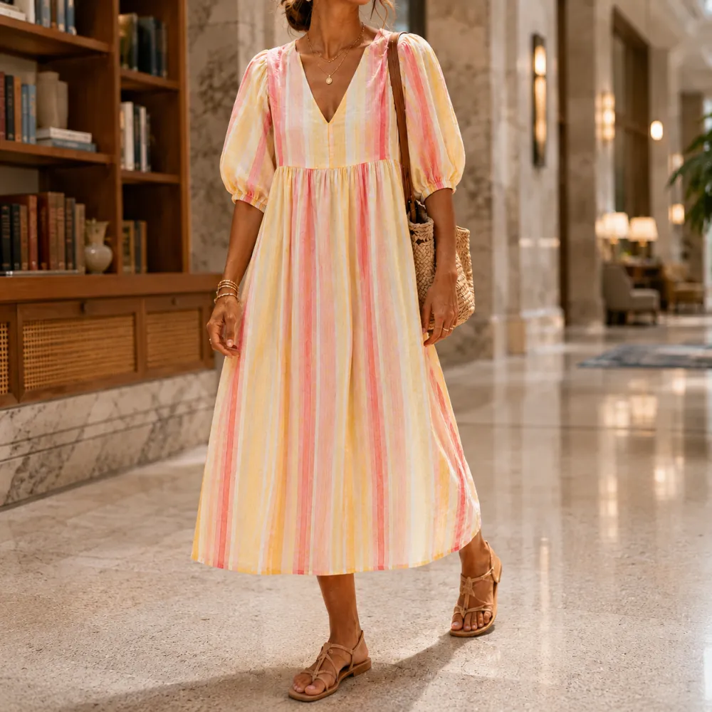 Striped V-Neck Midi Dress