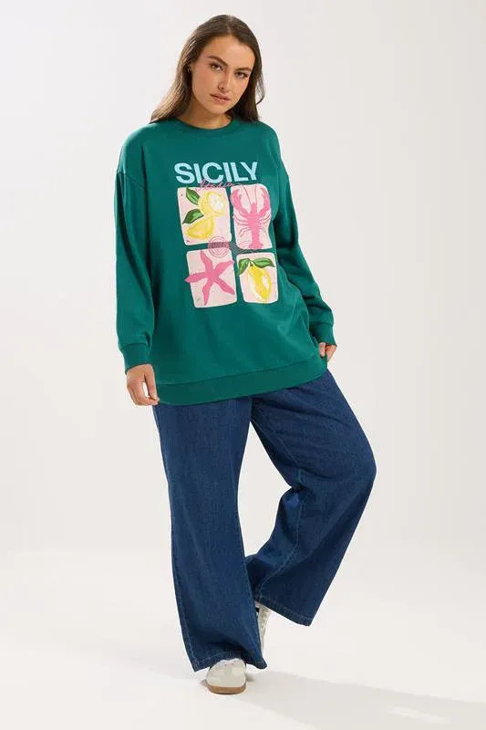 Teal Green 'Sicily' Slogan Sweatshirt