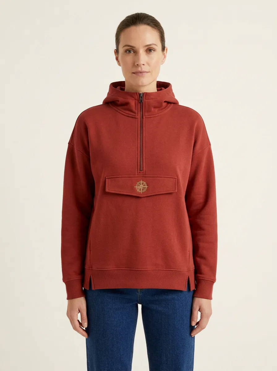 Women's Compass-Embroidered Half-Zip Flap-Pocket Hoodie