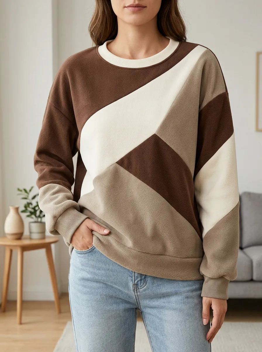 Women's Brown Colorblock Geometric Pattern Fleece Sweatshirt