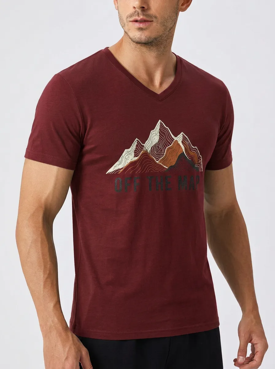 Men's Hiking Lover Off The Map Mountain Printed V-Neck T-Shirt
