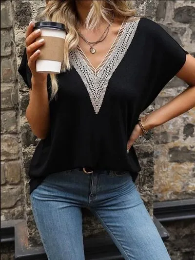 V-Neck Short-Sleeve Lace-Detail Cotton T-Shirt