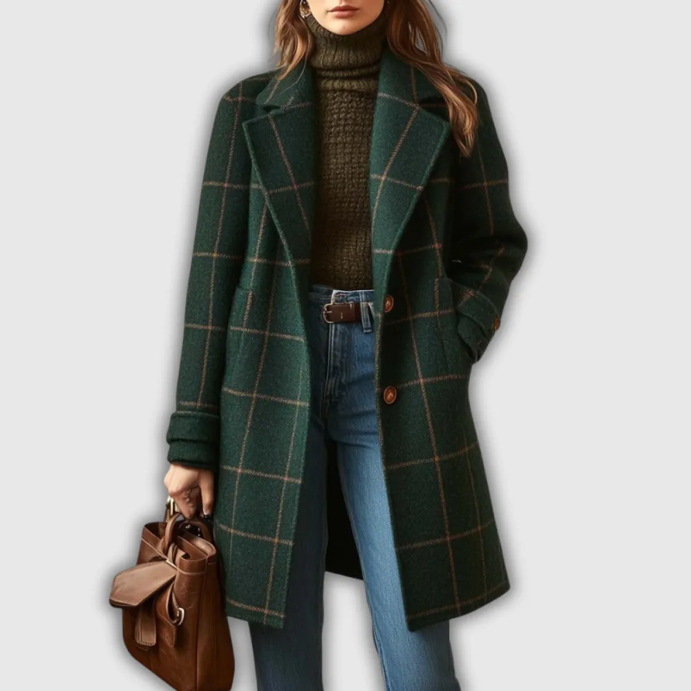 Checked Wool Blend Single Breasted Coat