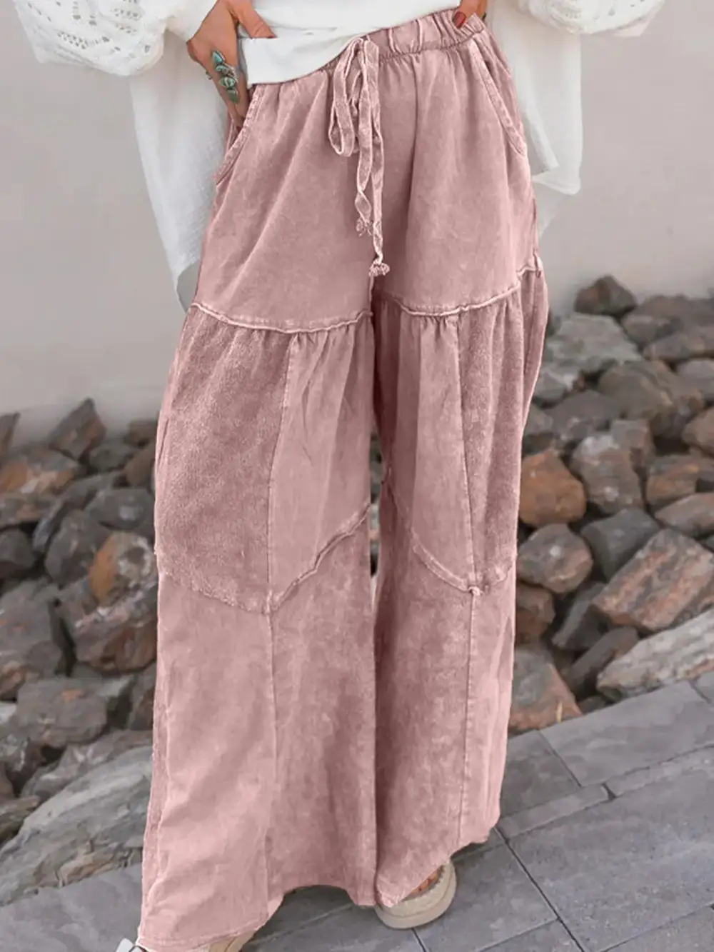 Wide Leg Drawstring Patchwork Mineral Wash Pants
