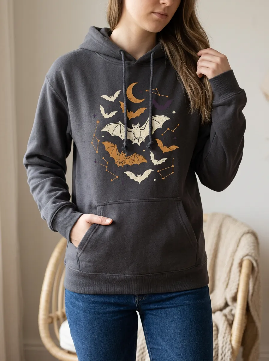 Women's Halloween Celestial Bat Moon Constellation Printed Hoodie