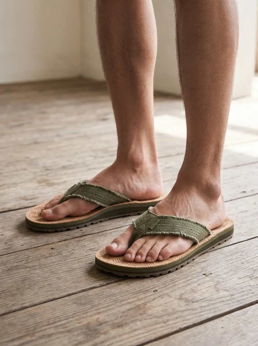 Men's Casual Olive Green Canvas Frayed Strap Printed Flip Flops