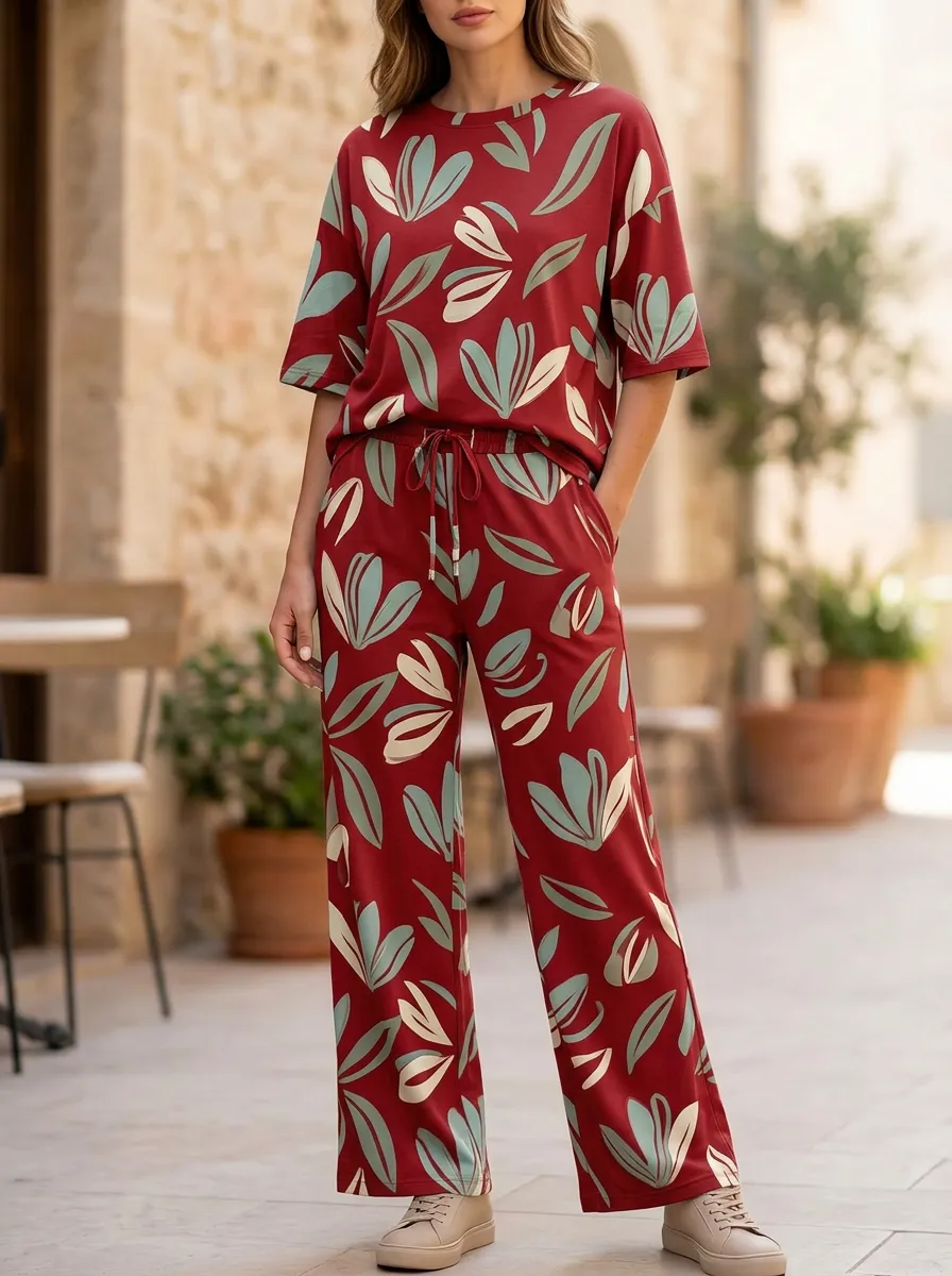 Women's Botanical Leaf Print Drop-Shoulder T-Shirt And Drawstring Wide-Leg Trouser Lounge Set