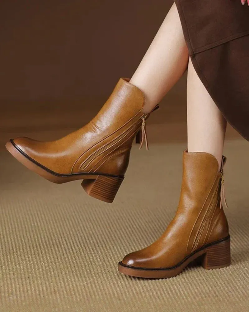 Leather Ankle Boots Side Zip Block Heel