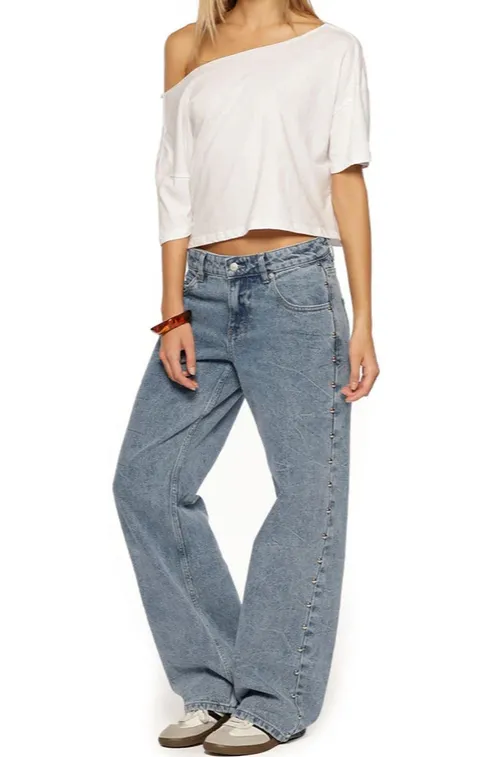 Mid-Wash Studded Baggy Jeans