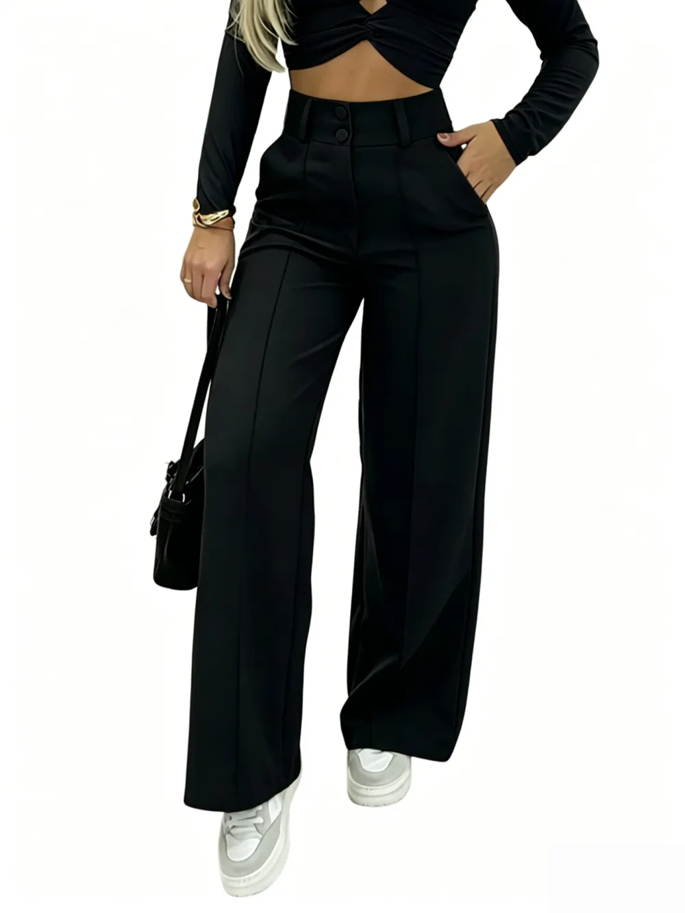 Women's Wide-Leg Pants with Double Button Front Office Trousers