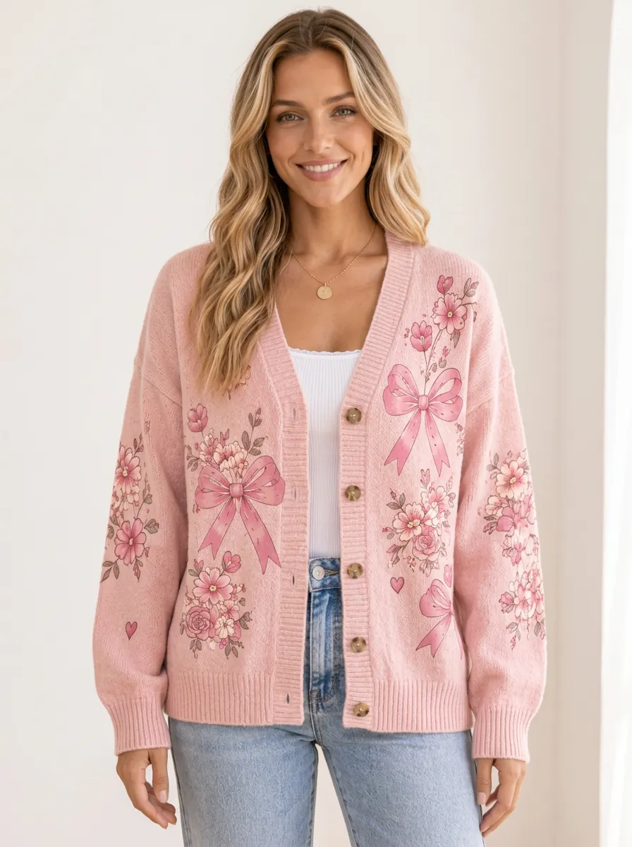 Women's Garden Inspired Floral Ribbon Bow Romantic Printed Cardigan
