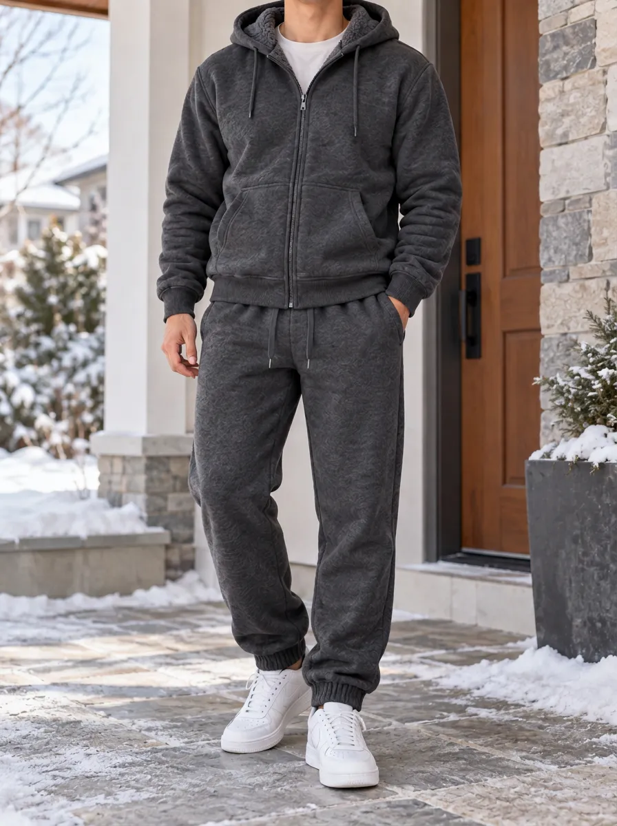 Men's Winter Fleece-Lined Zip-Up Hoodie and Jogger Set with Ribbed Cuffs
