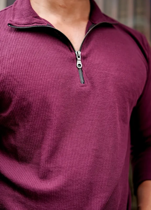 Maroon V-Neck Henley Style Casual Shirt