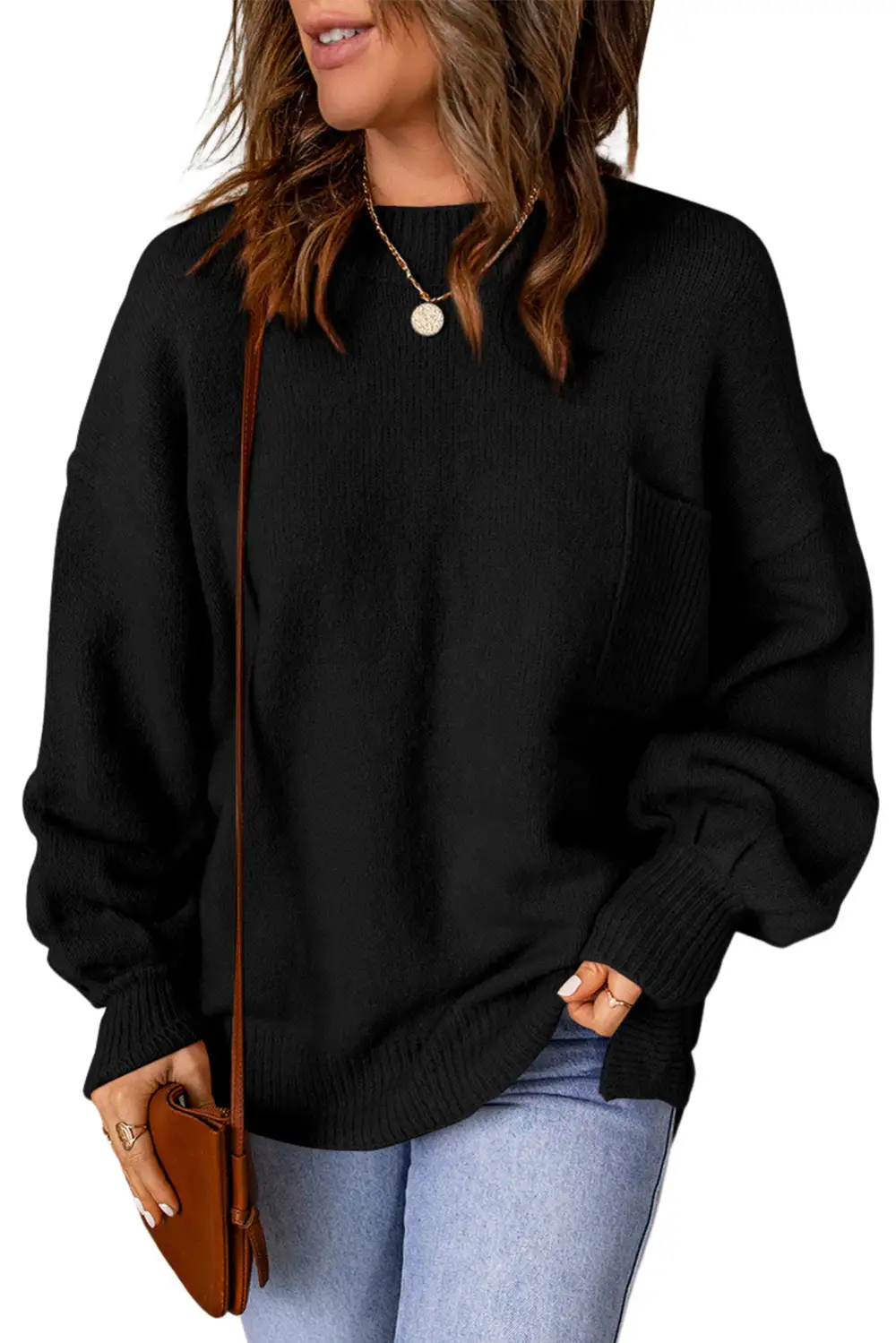 Solid Puff Sleeve Pocketed Sweater