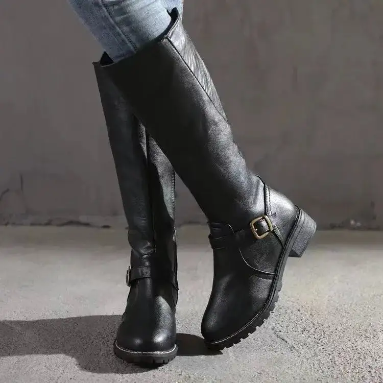 Leather Knee Tall Boots Comfortable Flat Riding Style Boots
